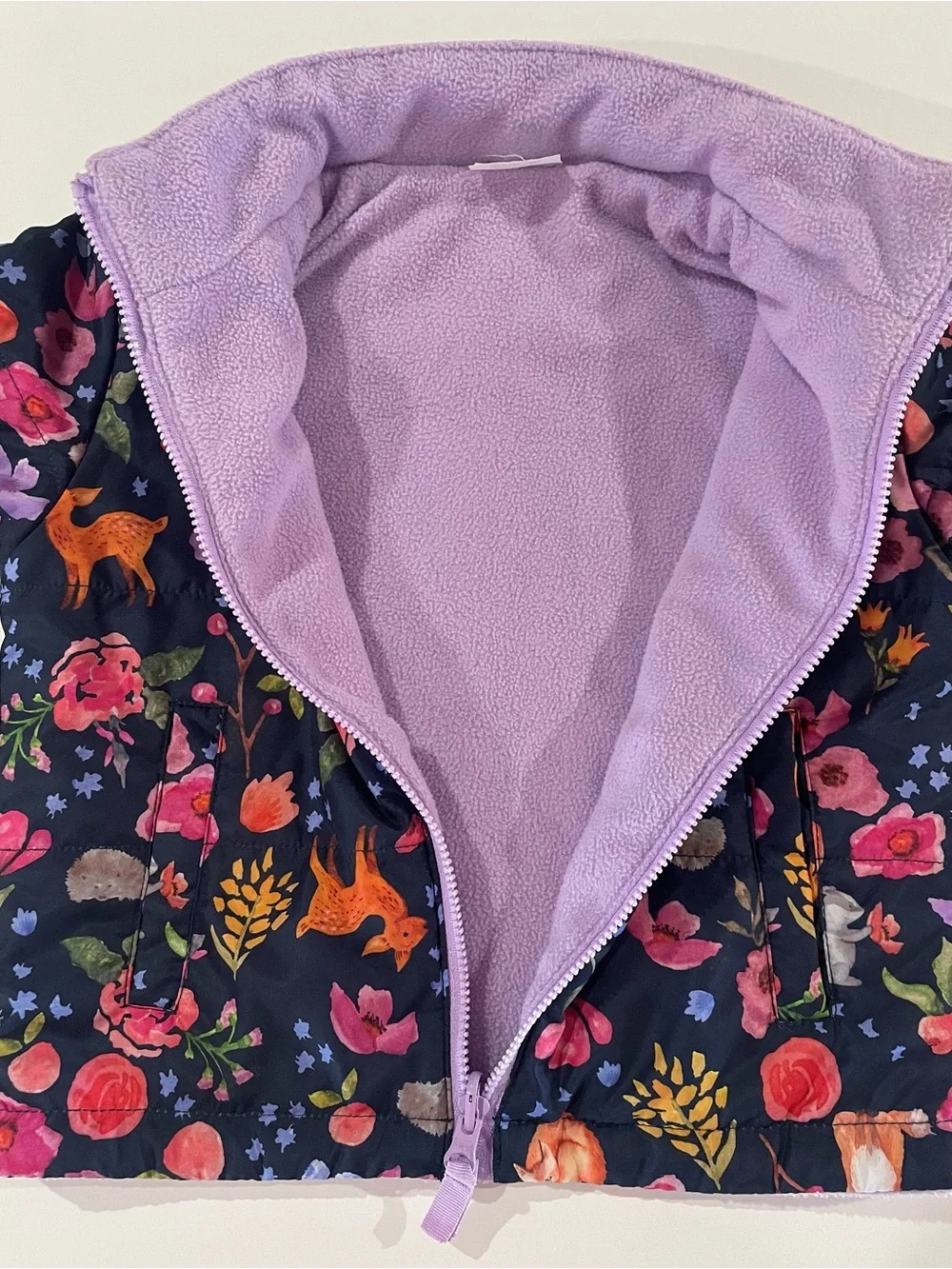 Girls 2T Floral & Fox Navy Zip Puffer Jacket with Lavender Lining